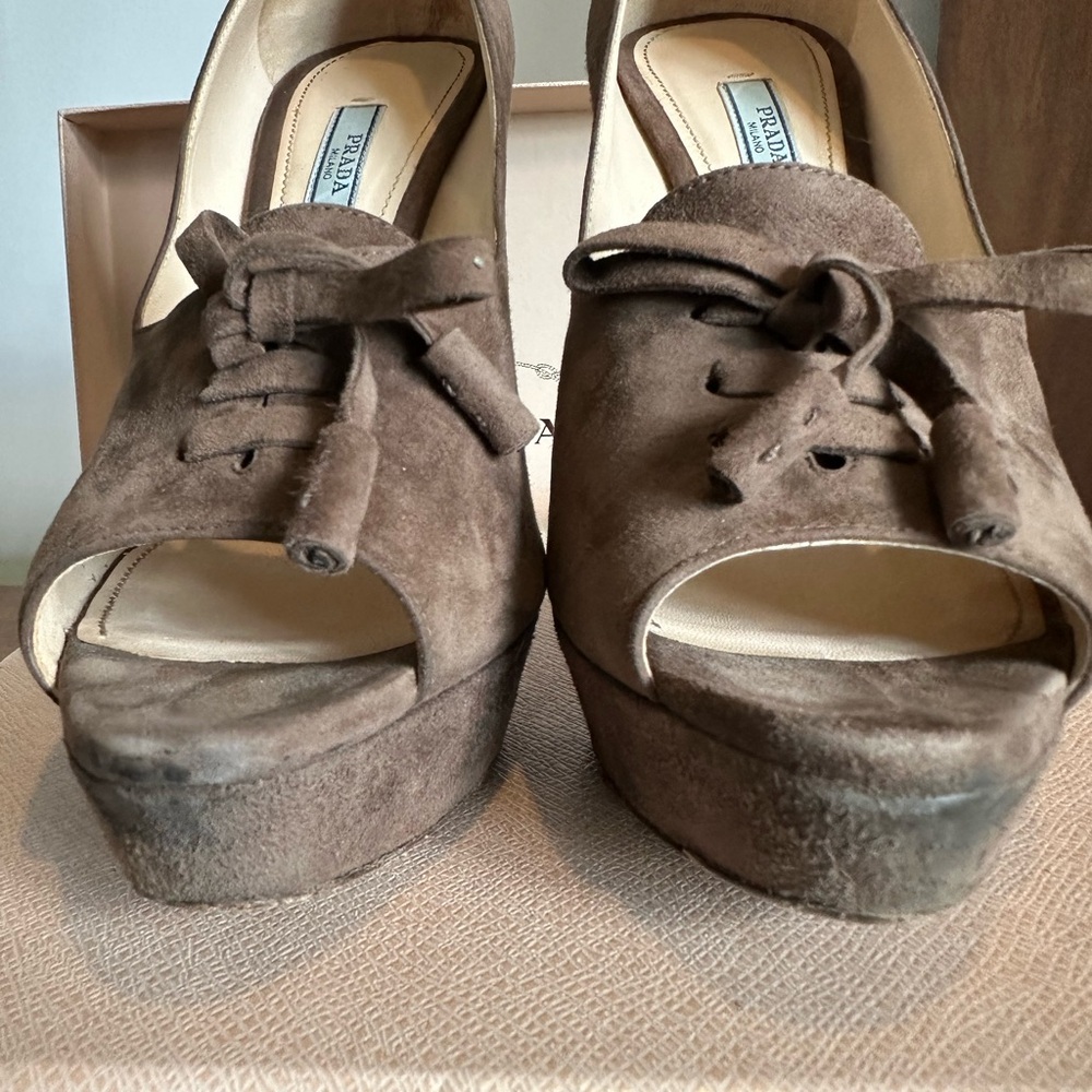 Prada Brown Suede Peep-Toe Lace-Up Platform Heels 9 9.5 EU 39.5 - Picture 9 of 16